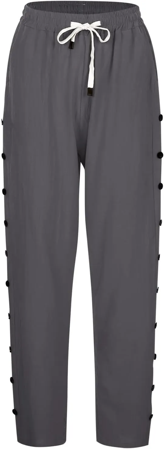 Casual Pants for Women Elastic Waisted Summer Trendy Linen Capri Pants Beach Wide Leg Baggy Cotton Cropped Trousers