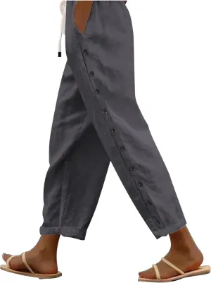 Casual Pants for Women Elastic Waisted Summer Trendy Linen Capri Pants Beach Wide Leg Baggy Cotton Cropped Trousers