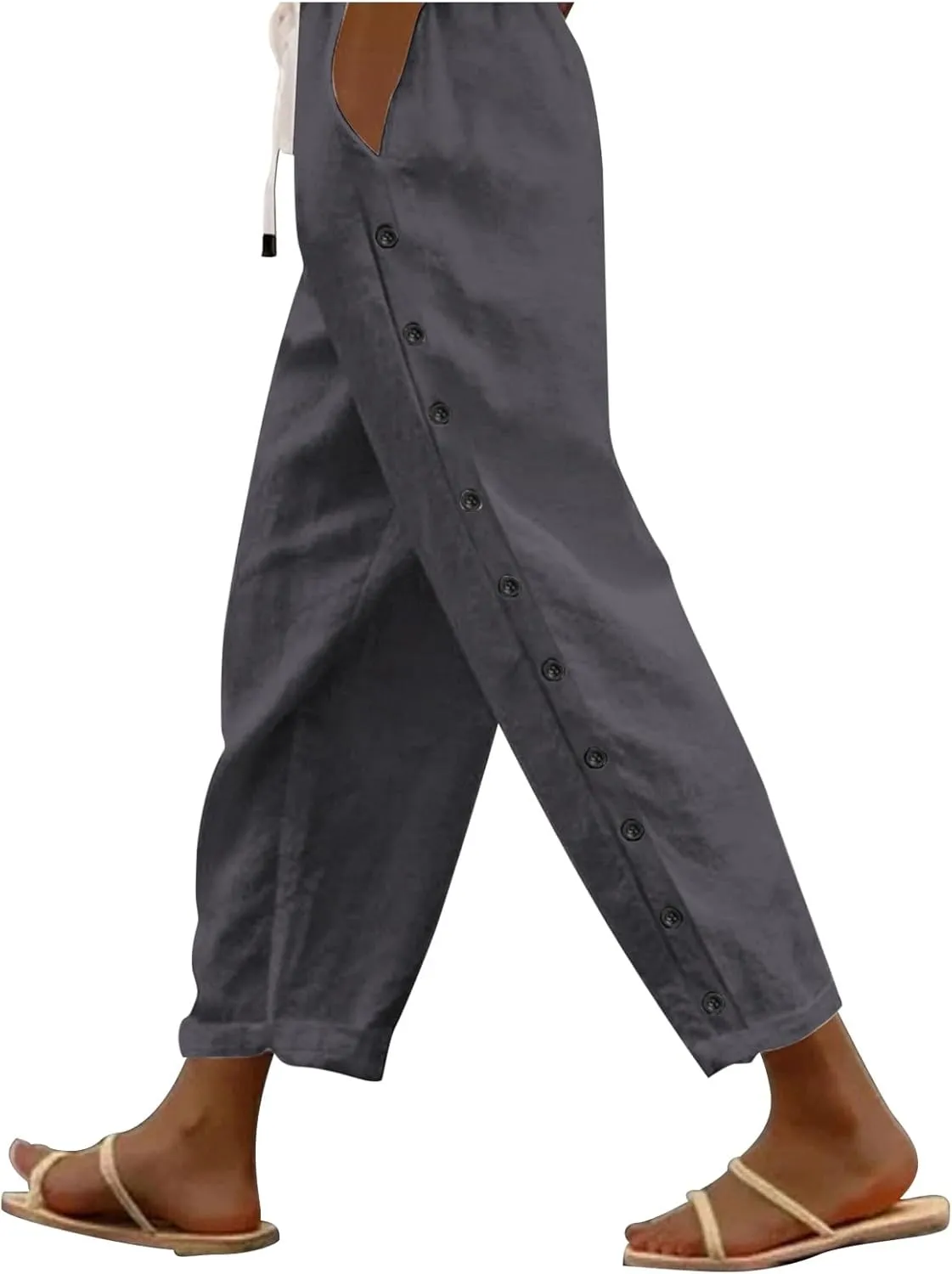 Casual Pants for Women Elastic Waisted Summer Trendy Linen Capri Pants Beach Wide Leg Baggy Cotton Cropped Trousers
