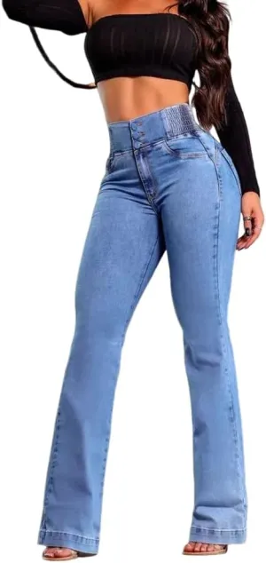 CHICME Women's High Waisted Jeans Stretchy Bootcut Pants with Elastic Waistband Denim Pants for Women