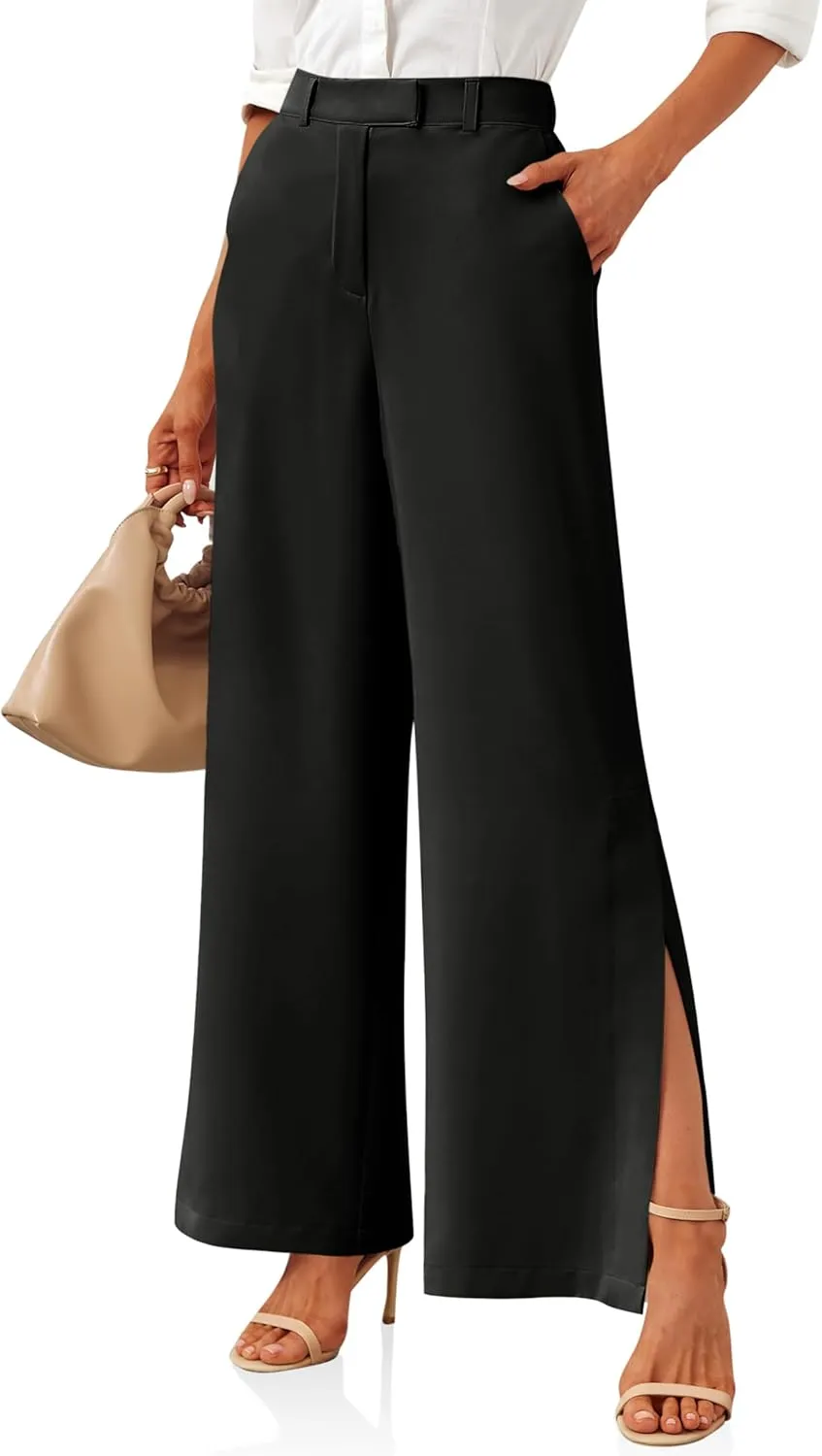 Cicy Bell Womens Side Split Dress Pants Elastic High Waisted Wide Leg Business Casual Trousers with Pockets