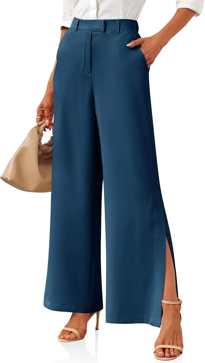 Cicy Bell Womens Side Split Dress Pants Elastic High Waisted Wide Leg Business Casual Trousers with Pockets