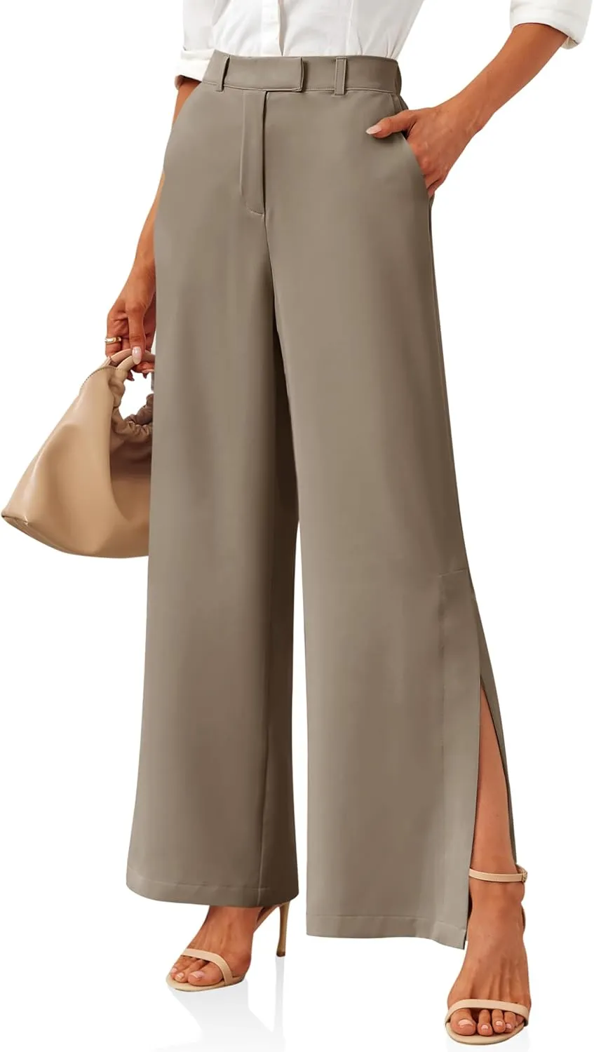 Cicy Bell Womens Side Split Dress Pants Elastic High Waisted Wide Leg Business Casual Trousers with Pockets