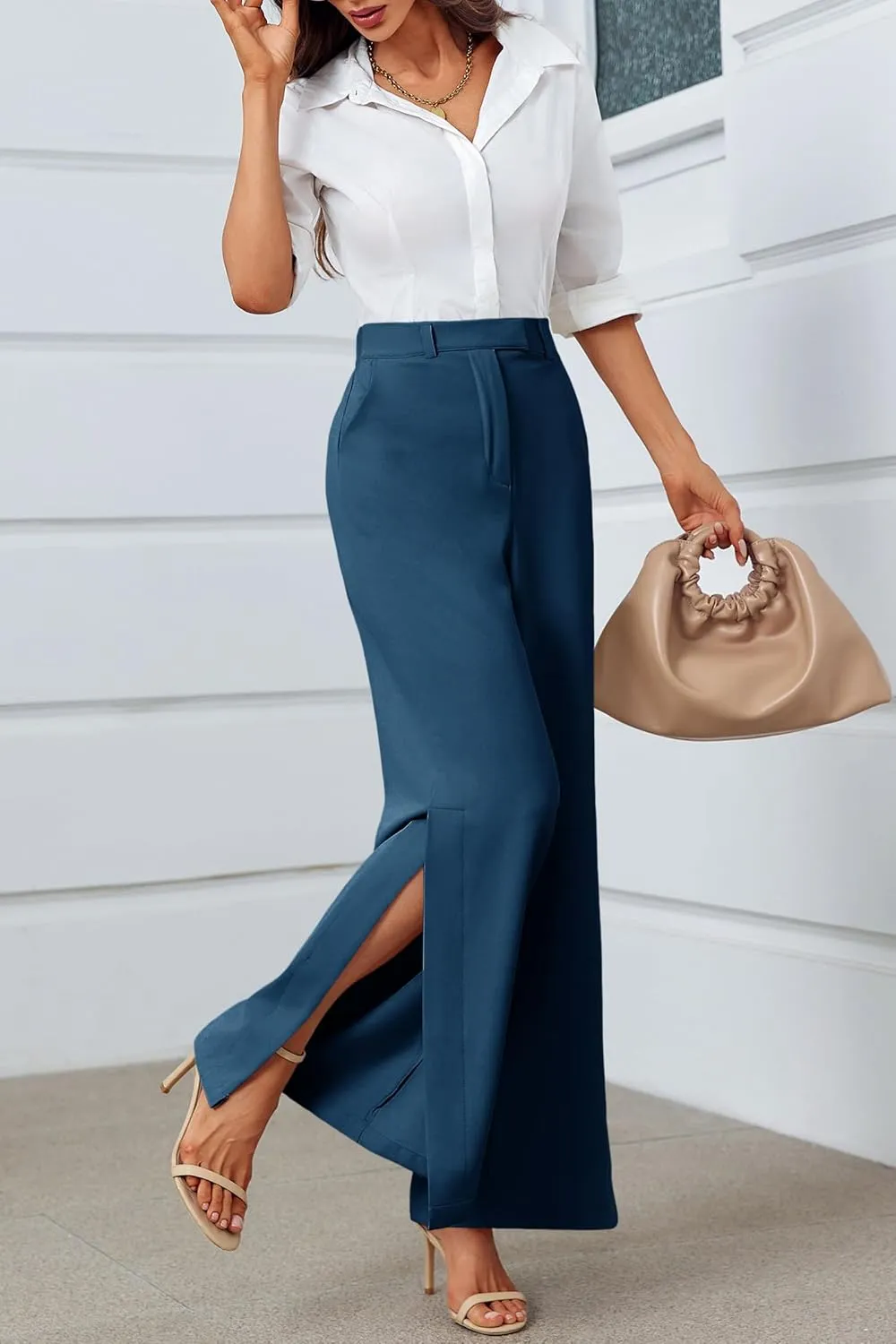Cicy Bell Womens Side Split Dress Pants Elastic High Waisted Wide Leg Business Casual Trousers with Pockets
