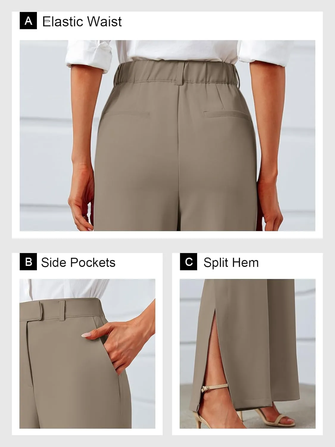 Cicy Bell Womens Side Split Dress Pants Elastic High Waisted Wide Leg Business Casual Trousers with Pockets