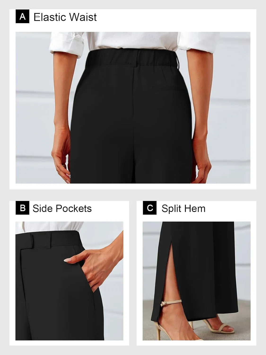 Cicy Bell Womens Side Split Dress Pants Elastic High Waisted Wide Leg Business Casual Trousers with Pockets
