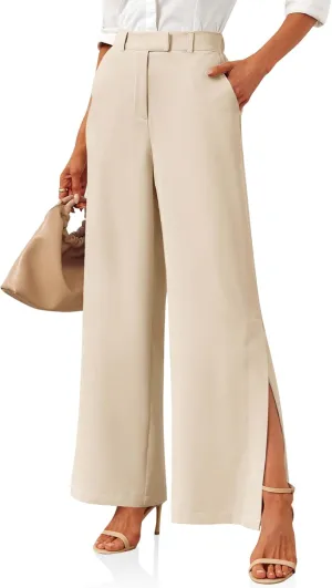 Cicy Bell Womens Side Split Dress Pants Elastic High Waisted Wide Leg Business Casual Trousers with Pockets