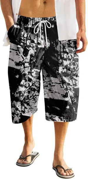 COOFANDY Men's Linen Harem Capri Pants Casual Lightweight Drawstring Yoga Pants Baggy 3/4 Beach Trousers
