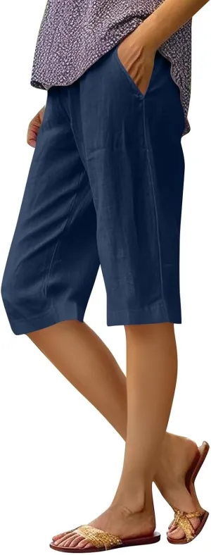 Cotton Linen Capri Pants for Women Trendy Summer High Waisted Lounge Pants Loose Straight Leg Trousers with Pockets