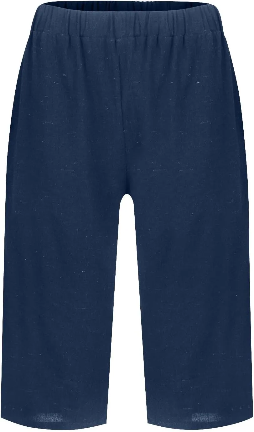 Cotton Linen Capri Pants for Women Trendy Summer High Waisted Lounge Pants Loose Straight Leg Trousers with Pockets