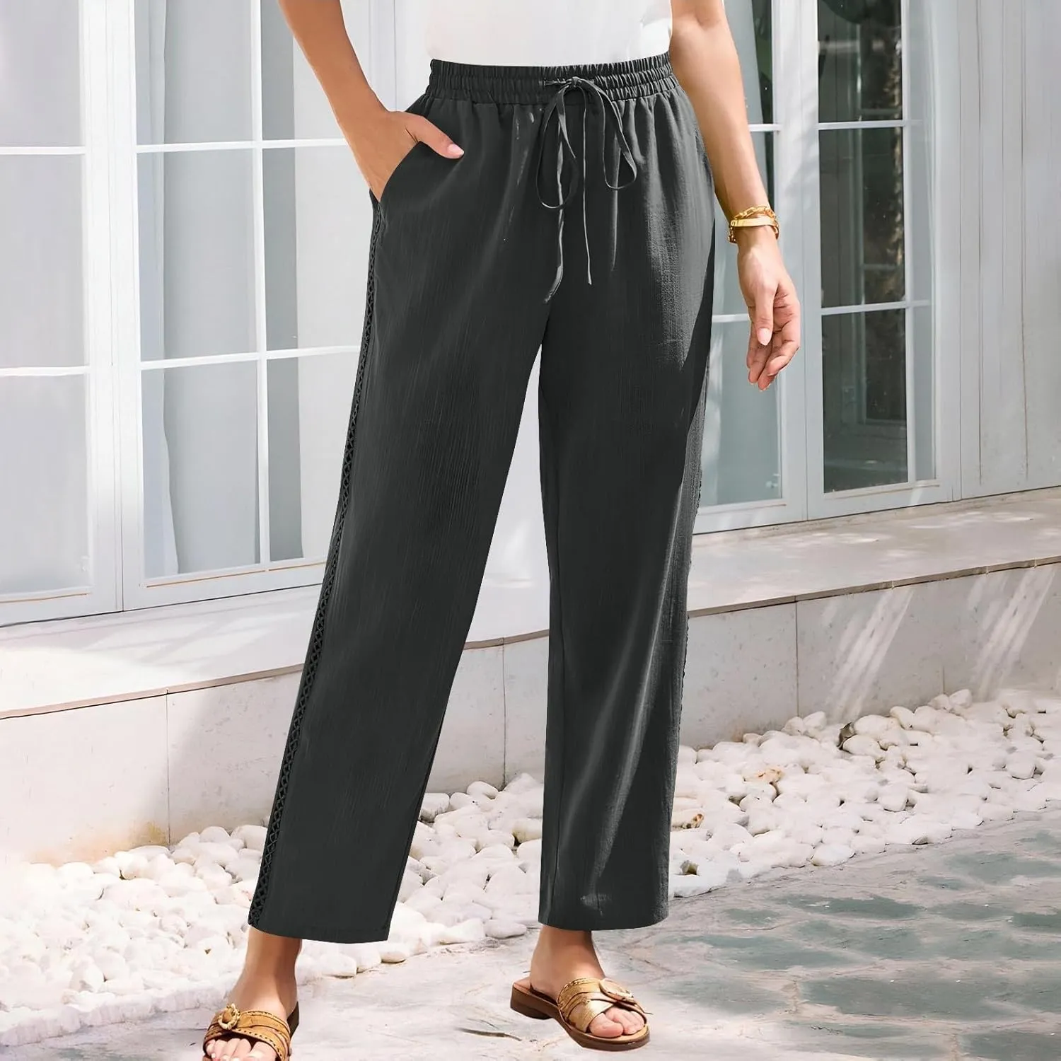 Cotton Linen Pants for Women 2025 Trendy Summer Wide Leg Pants with Pocket Beach Vacation Ankle Length Slacks Trouser