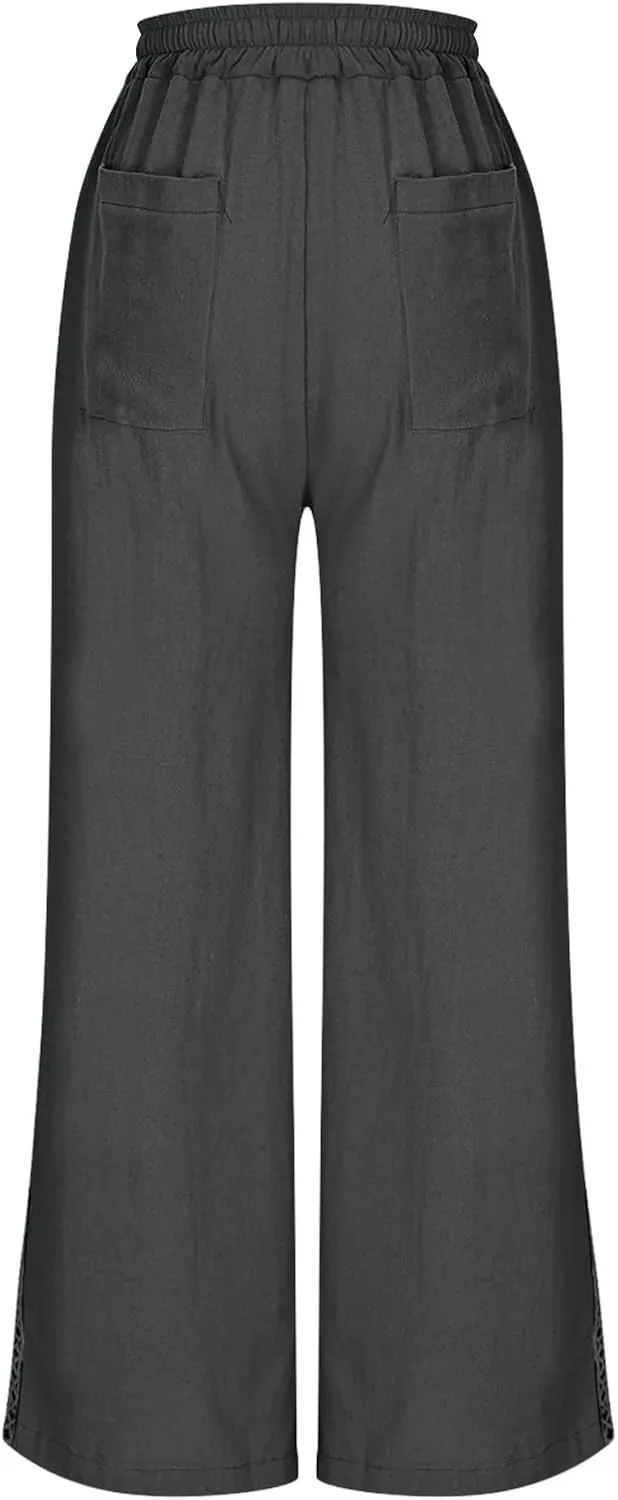 Cotton Linen Pants for Women 2025 Trendy Summer Wide Leg Pants with Pocket Beach Vacation Ankle Length Slacks Trouser