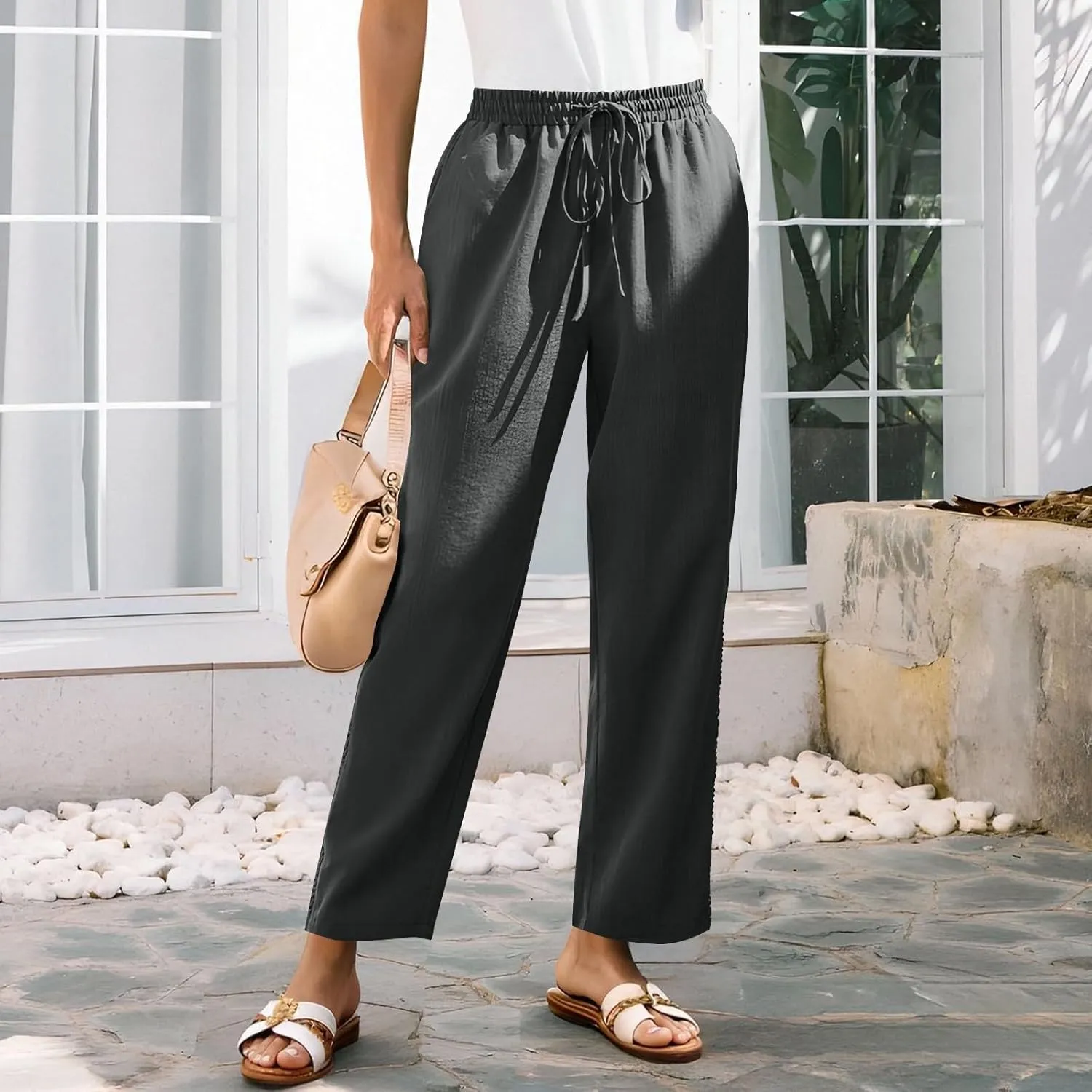 Cotton Linen Pants for Women 2025 Trendy Summer Wide Leg Pants with Pocket Beach Vacation Ankle Length Slacks Trouser