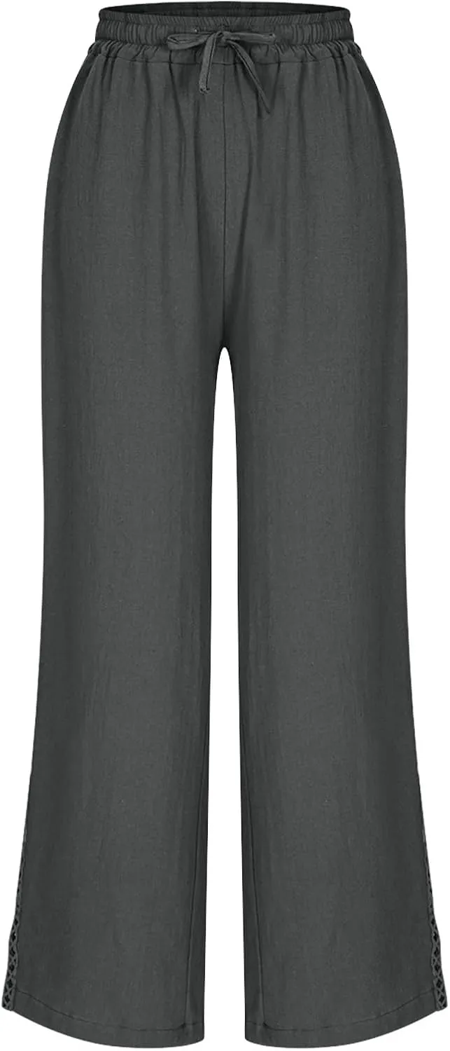 Cotton Linen Pants for Women 2025 Trendy Summer Wide Leg Pants with Pocket Beach Vacation Ankle Length Slacks Trouser