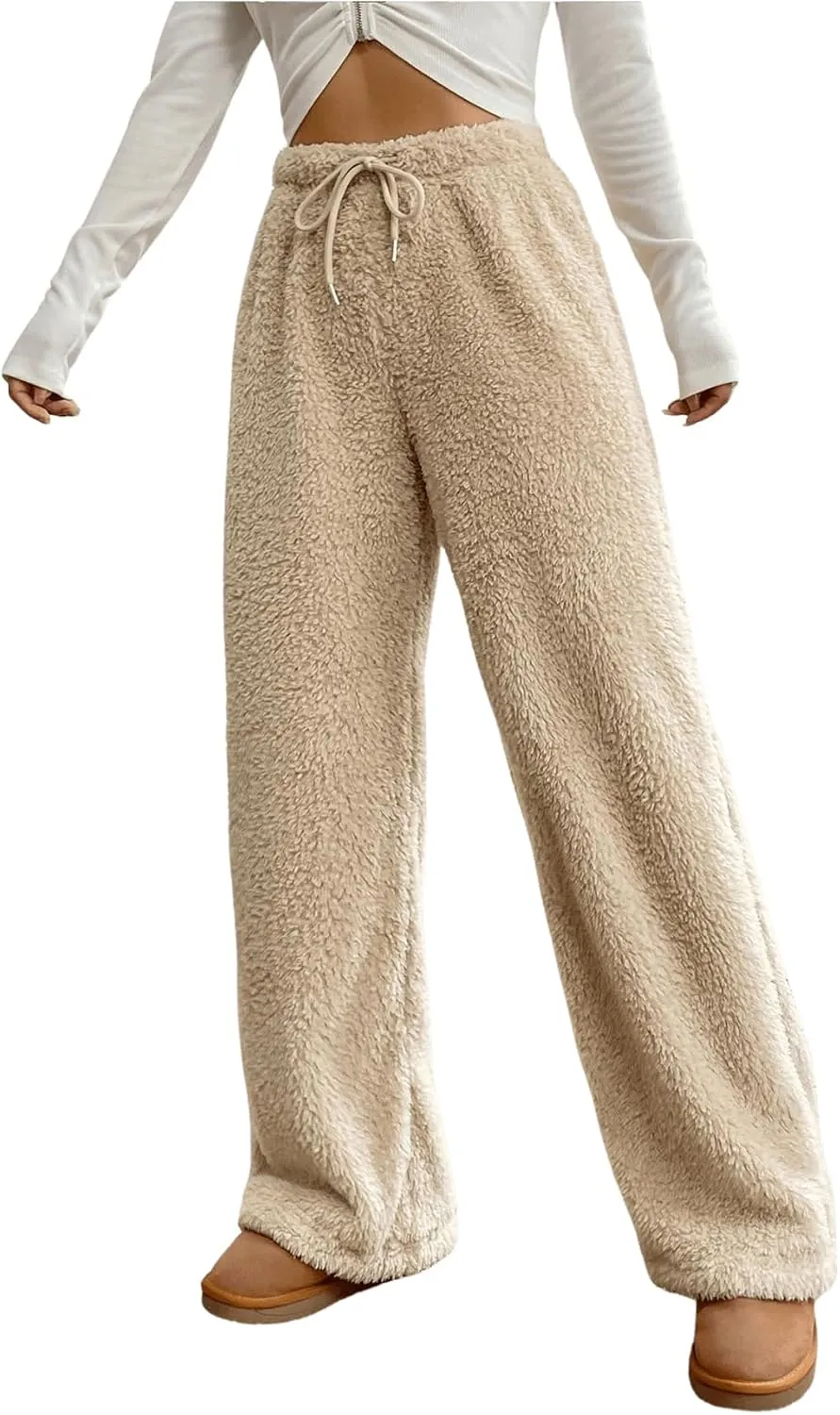 COZYEASE Women's Drawstring Waist Teddy Wide Leg Pants Loose Fuzzy Pants Casual Trousers