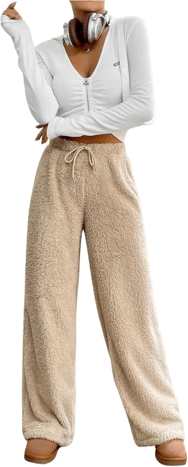 COZYEASE Women's Drawstring Waist Teddy Wide Leg Pants Loose Fuzzy Pants Casual Trousers