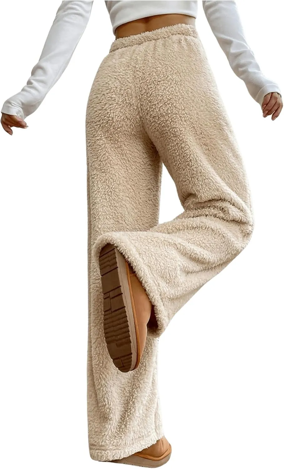 COZYEASE Women's Drawstring Waist Teddy Wide Leg Pants Loose Fuzzy Pants Casual Trousers