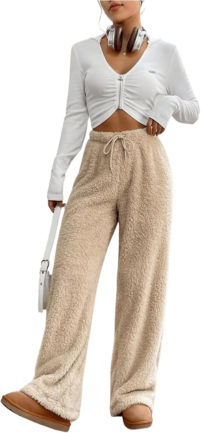 COZYEASE Women's Drawstring Waist Teddy Wide Leg Pants Loose Fuzzy Pants Casual Trousers