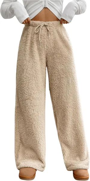 COZYEASE Women's Drawstring Waist Teddy Wide Leg Pants Loose Fuzzy Pants Casual Trousers