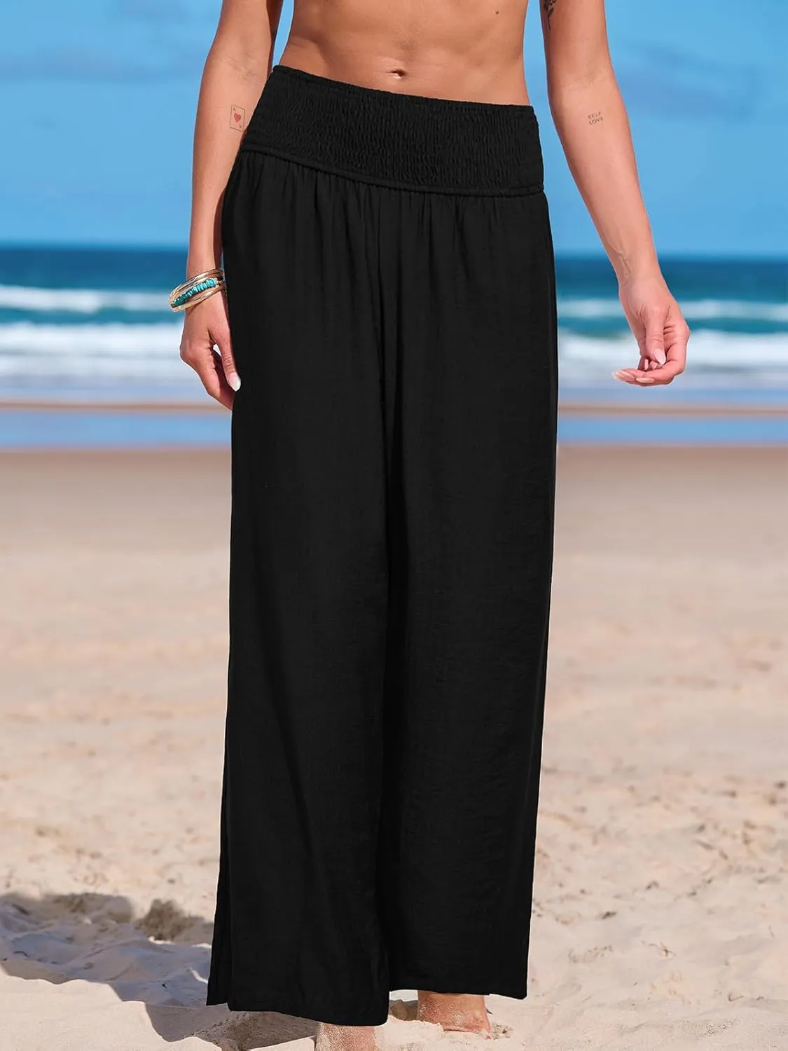 CUPSHE Women Swimsuit Cover Ups Pants High Waist Smokced Wide Leg Beach Vacation Outfits