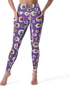 Cute Eyeball Pattern Women's Leggings with Pockets Yoga Pants High Waisted Tummy Control Workout Pant