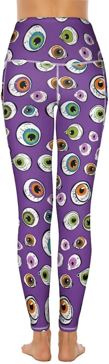 Cute Eyeball Pattern Women's Leggings with Pockets Yoga Pants High Waisted Tummy Control Workout Pant