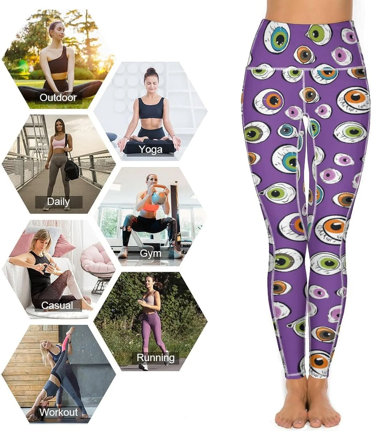 Cute Eyeball Pattern Women's Leggings with Pockets Yoga Pants High Waisted Tummy Control Workout Pant