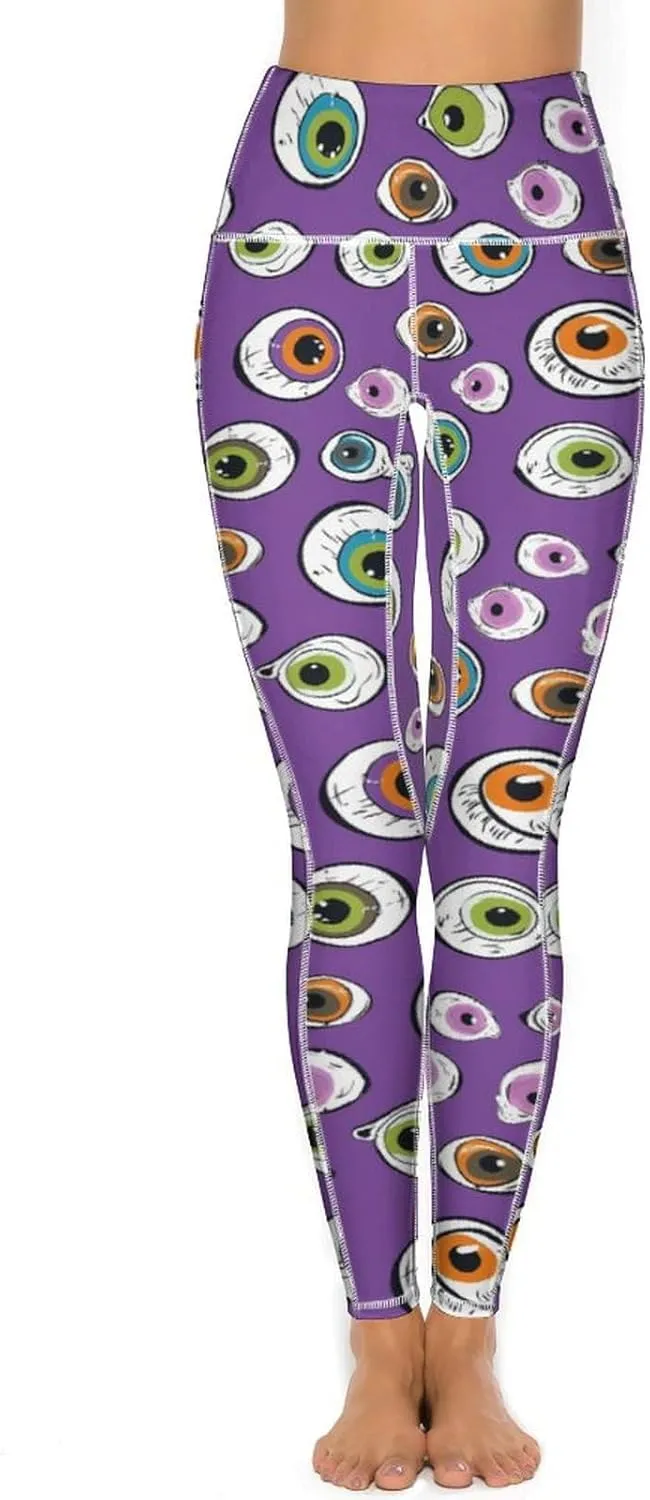 Cute Eyeball Pattern Women's Leggings with Pockets Yoga Pants High Waisted Tummy Control Workout Pant