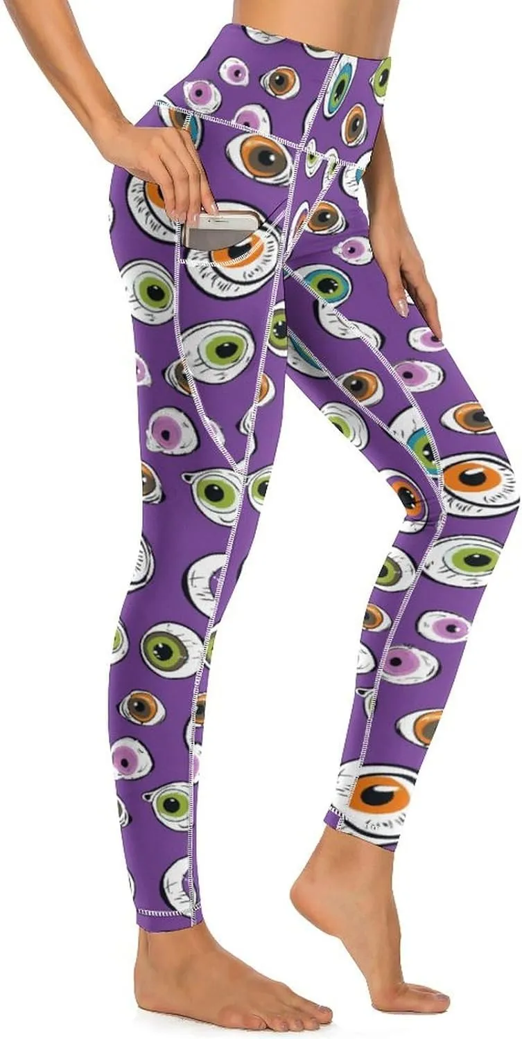 Cute Eyeball Pattern Women's Leggings with Pockets Yoga Pants High Waisted Tummy Control Workout Pant