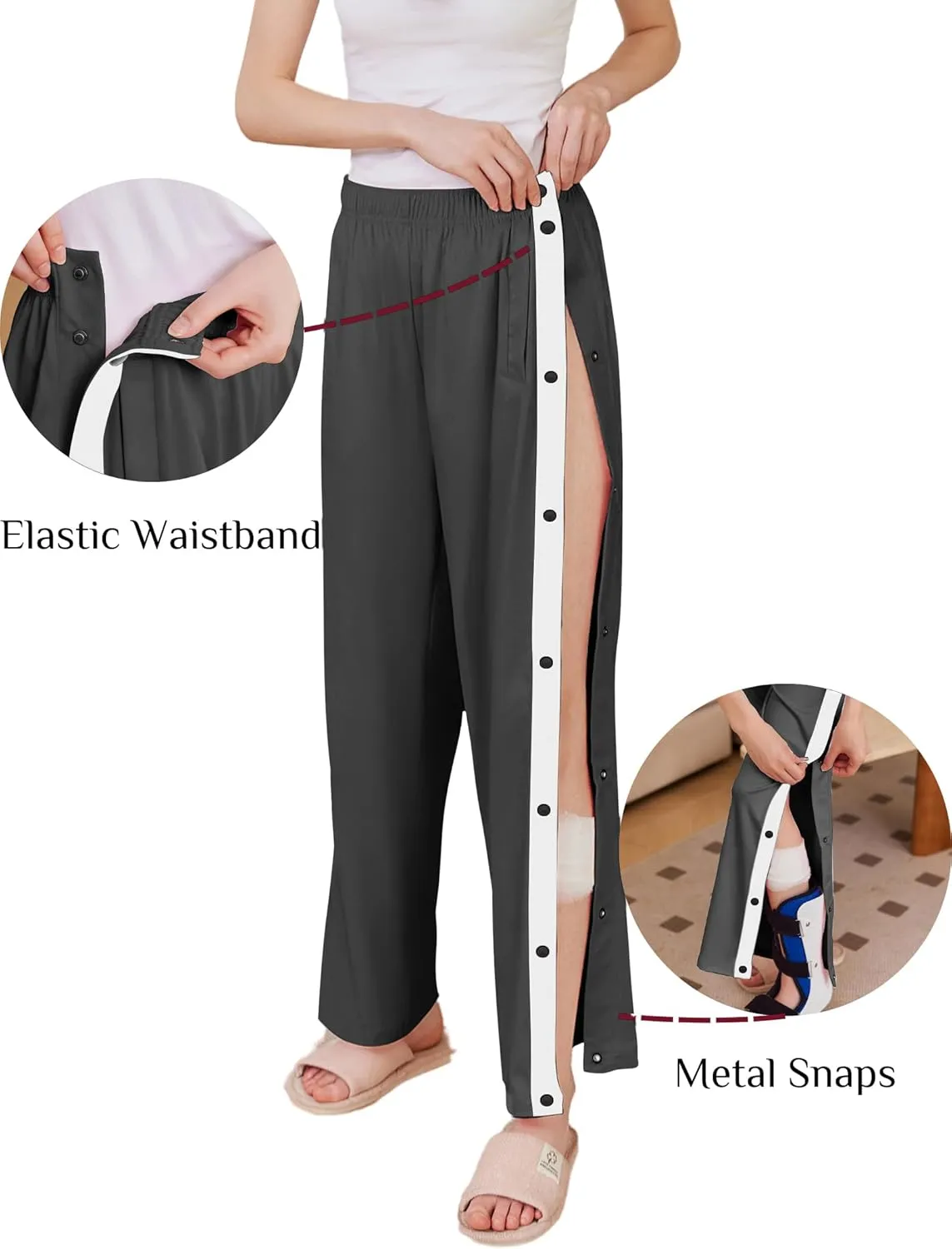 Deyeek Women's Tear Away Pants Side Split Snap Open Bottom Sweatpants Leg Breakaway Post Surgery Pants with Pockets