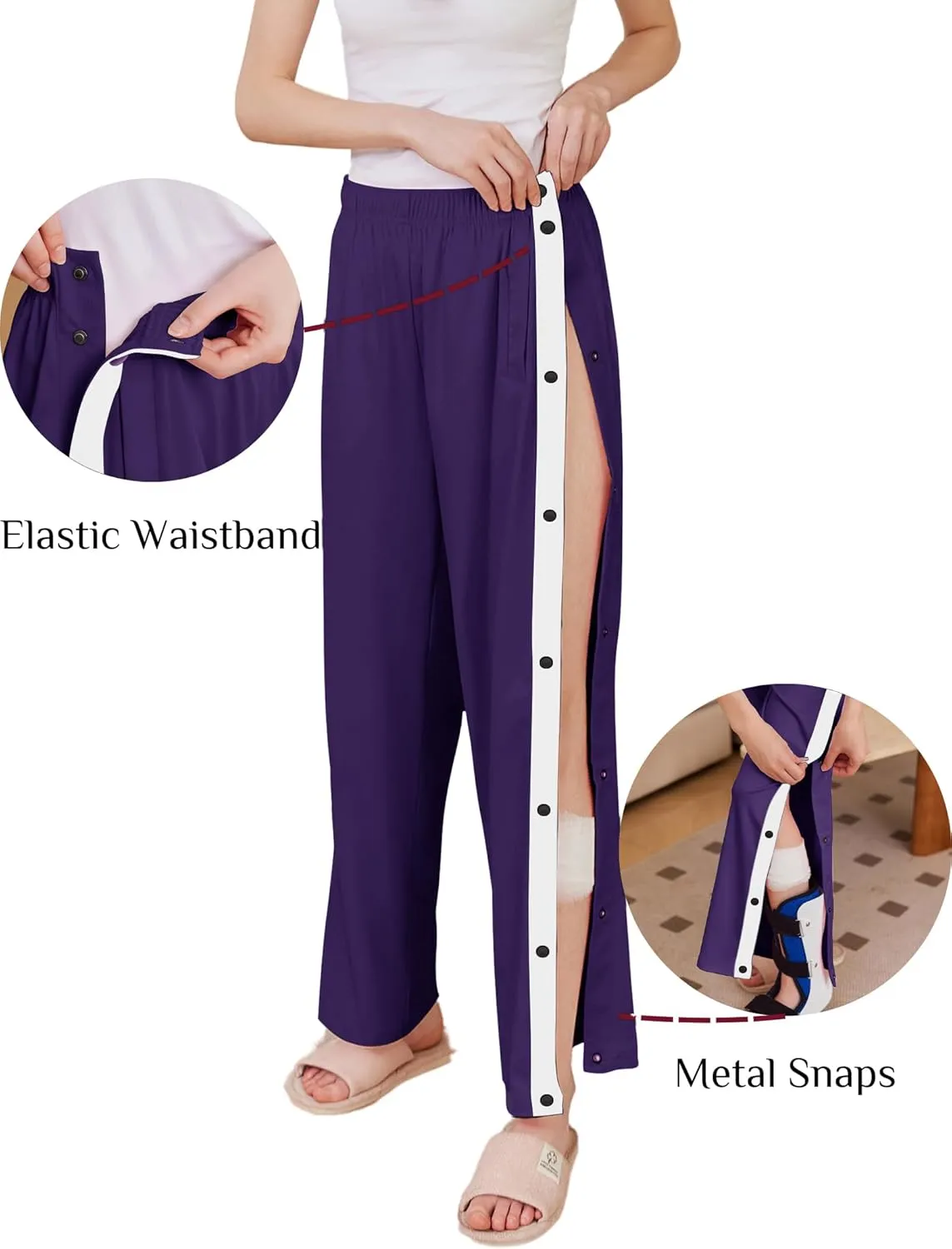 Deyeek Women's Tear Away Pants Side Split Snap Open Bottom Sweatpants Leg Breakaway Post Surgery Pants with Pockets