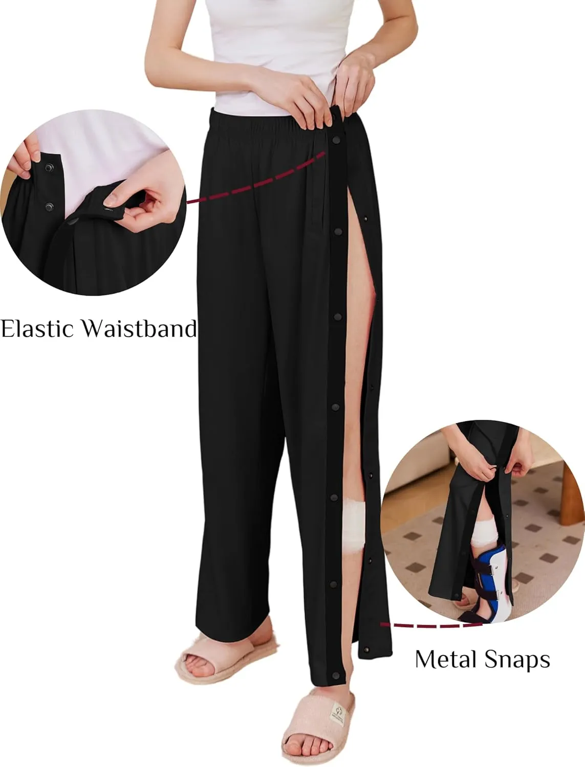 Deyeek Women's Tear Away Pants Side Split Snap Open Bottom Sweatpants Leg Breakaway Post Surgery Pants with Pockets