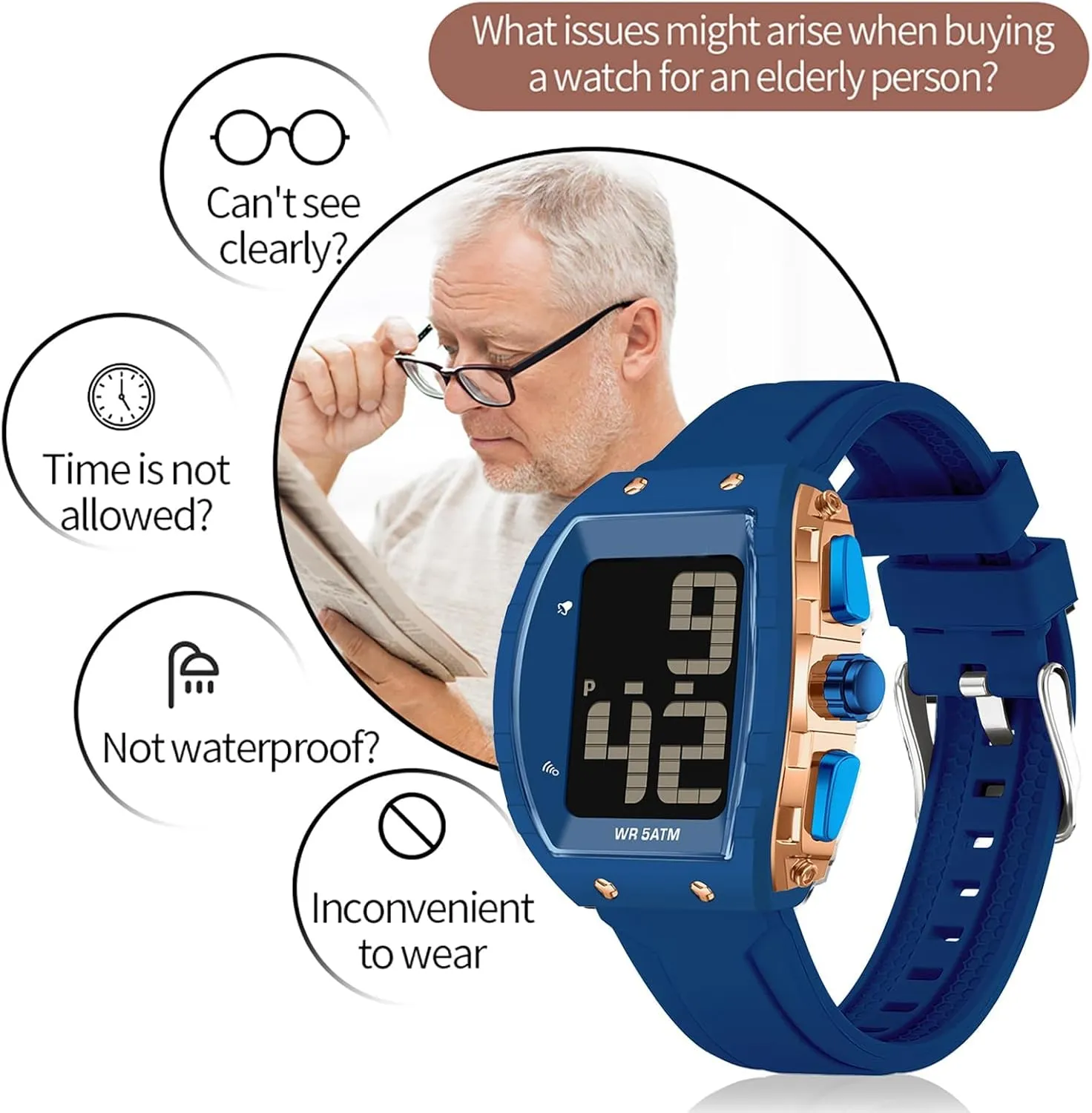 Digital Watches for Elderly Men, Large Face Voice Talking White Watch with English Speaking LED Backlight Big Number Easy to Read Timer Alarm 5ATM Waterproof