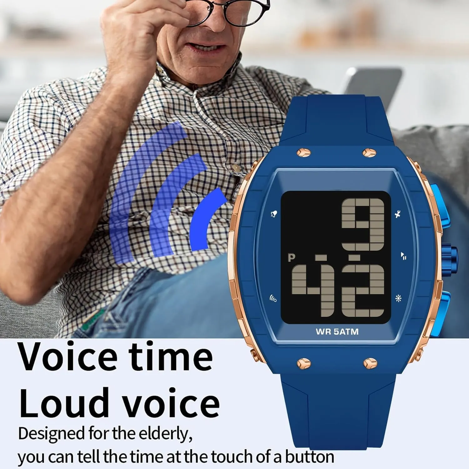 Digital Watches for Elderly Men, Large Face Voice Talking White Watch with English Speaking LED Backlight Big Number Easy to Read Timer Alarm 5ATM Waterproof