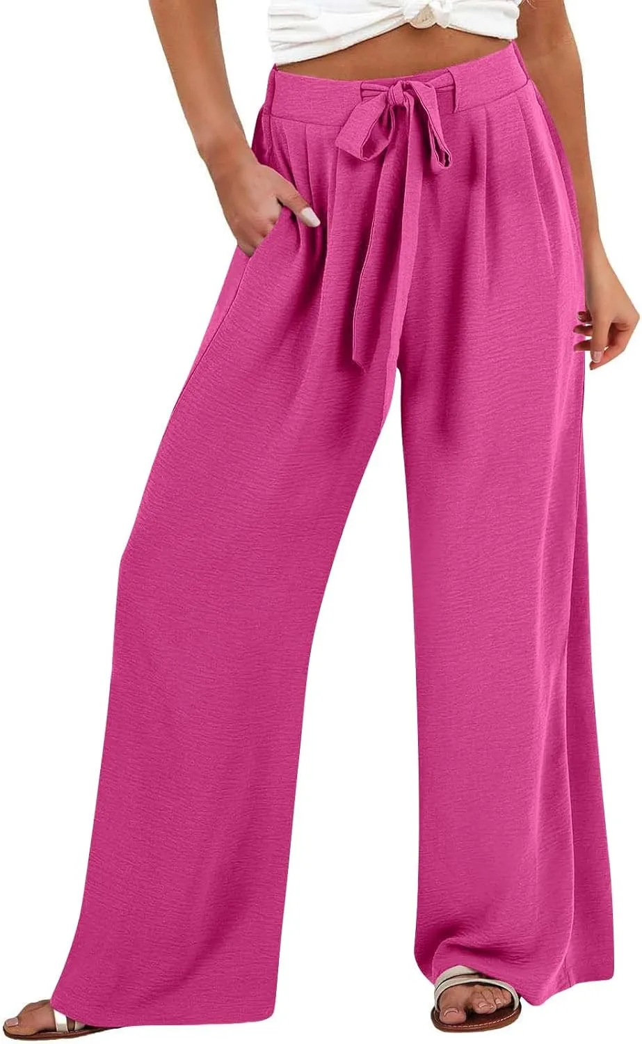 Drawstring Womens Linen Pants with Pockets Cotton Linen Palazzo Trousers for Women Ladies Wide Leg Beach Loose Pants