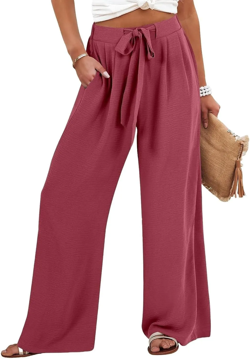 Drawstring Womens Linen Pants with Pockets Cotton Linen Palazzo Trousers for Women Ladies Wide Leg Beach Loose Pants