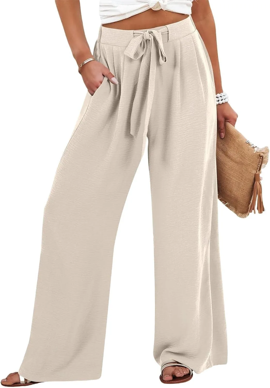 Drawstring Womens Linen Pants with Pockets Cotton Linen Palazzo Trousers for Women Ladies Wide Leg Beach Loose Pants
