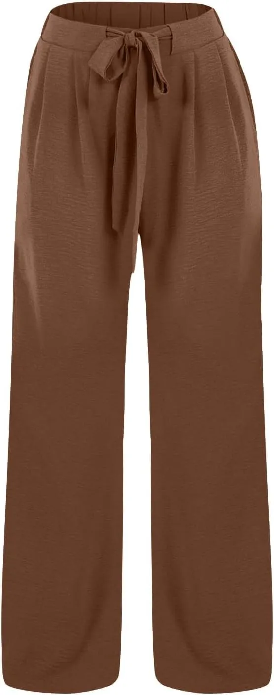 Drawstring Womens Linen Pants with Pockets Cotton Linen Palazzo Trousers for Women Ladies Wide Leg Beach Loose Pants