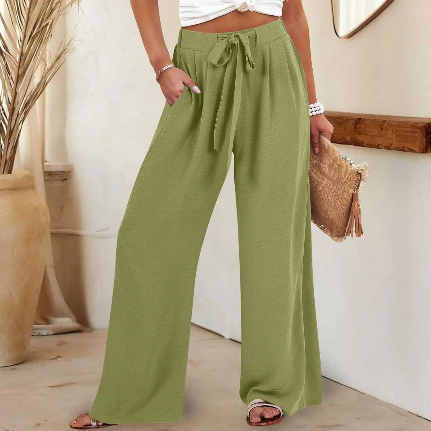 Drawstring Womens Linen Pants with Pockets Cotton Linen Palazzo Trousers for Women Ladies Wide Leg Beach Loose Pants