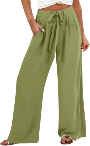 Drawstring Womens Linen Pants with Pockets Cotton Linen Palazzo Trousers for Women Ladies Wide Leg Beach Loose Pants