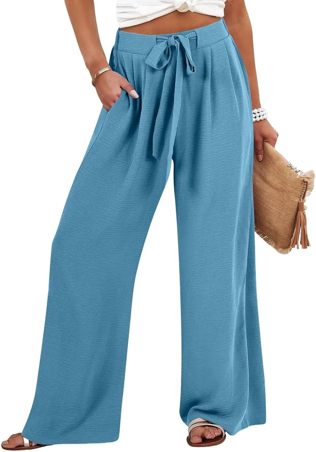 Drawstring Womens Linen Pants with Pockets Cotton Linen Palazzo Trousers for Women Ladies Wide Leg Beach Loose Pants