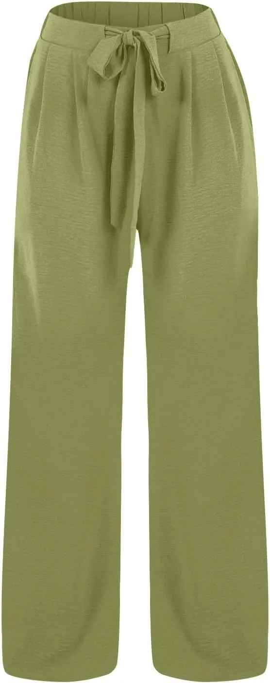 Drawstring Womens Linen Pants with Pockets Cotton Linen Palazzo Trousers for Women Ladies Wide Leg Beach Loose Pants