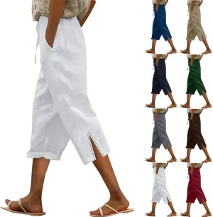 Drawstring Womens Linen Pants with Pockets Cotton Linen Palazzo Trousers for Women Ladies Wide Leg Beach Loose Pants