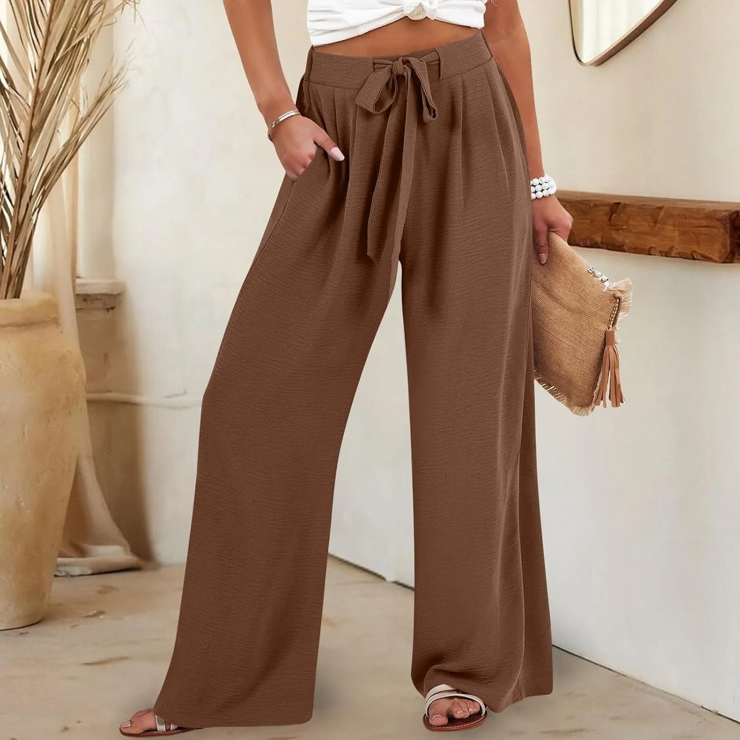 Drawstring Womens Linen Pants with Pockets Cotton Linen Palazzo Trousers for Women Ladies Wide Leg Beach Loose Pants