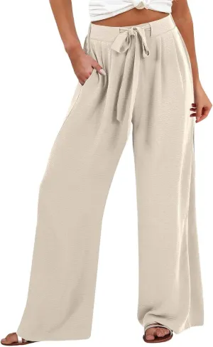 Drawstring Womens Linen Pants with Pockets Cotton Linen Palazzo Trousers for Women Ladies Wide Leg Beach Loose Pants
