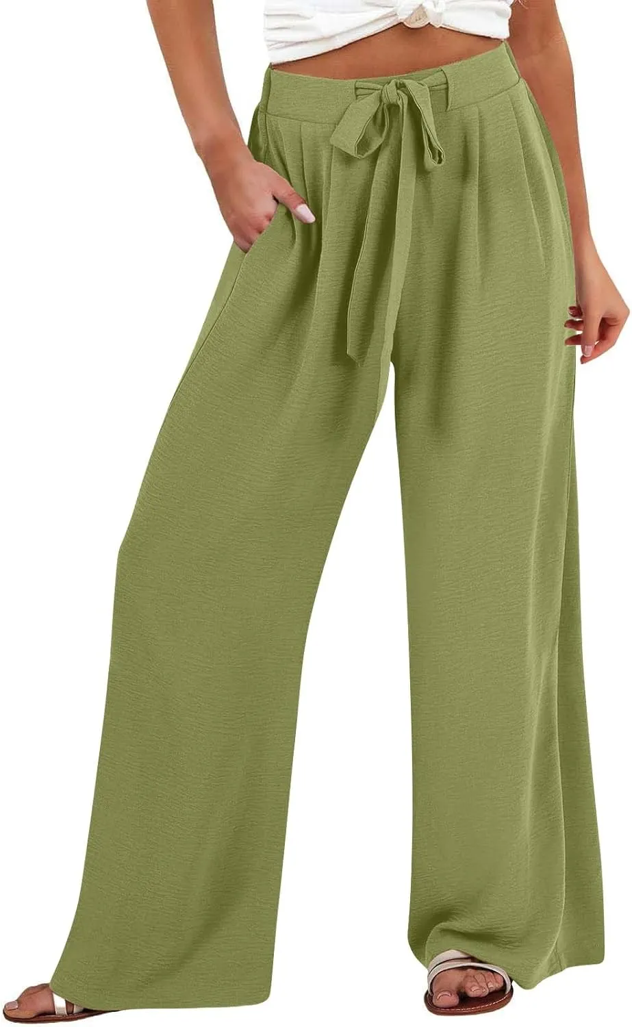 Drawstring Womens Linen Pants with Pockets Cotton Linen Palazzo Trousers for Women Ladies Wide Leg Beach Loose Pants