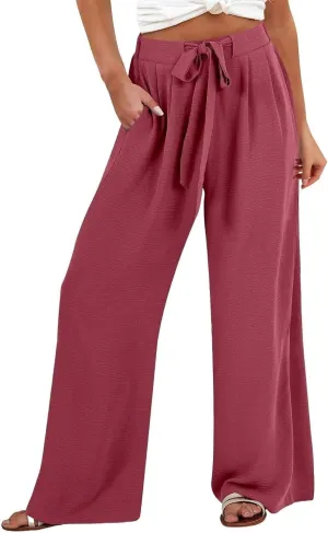 Drawstring Womens Linen Pants with Pockets Cotton Linen Palazzo Trousers for Women Ladies Wide Leg Beach Loose Pants