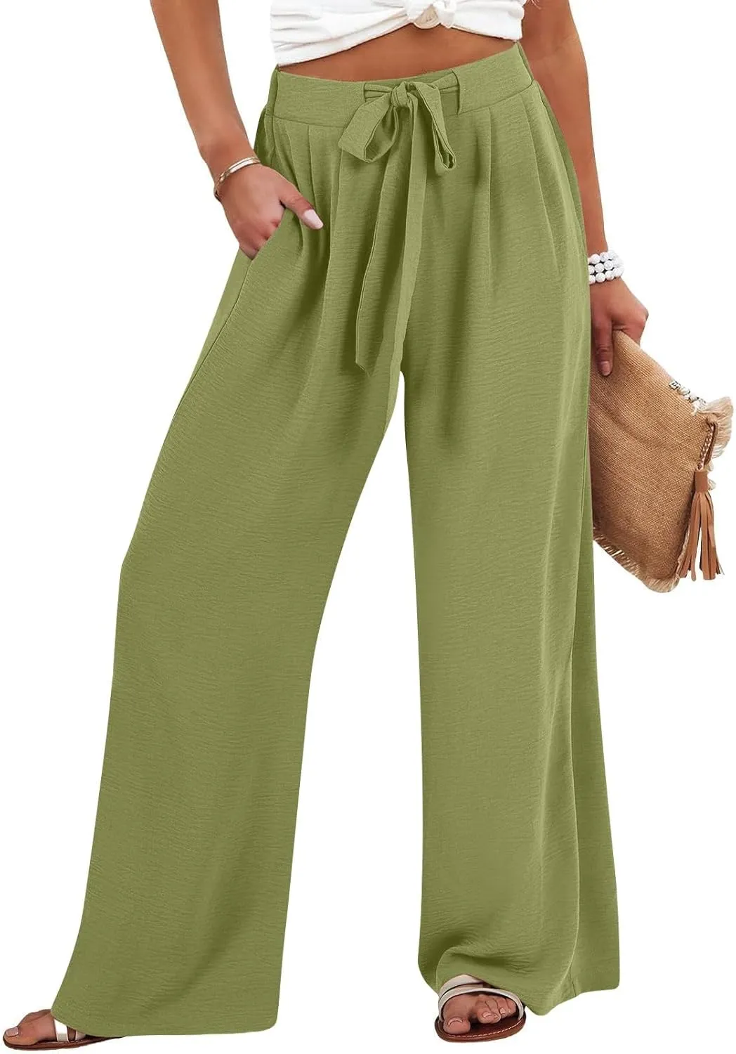 Drawstring Womens Linen Pants with Pockets Cotton Linen Palazzo Trousers for Women Ladies Wide Leg Beach Loose Pants