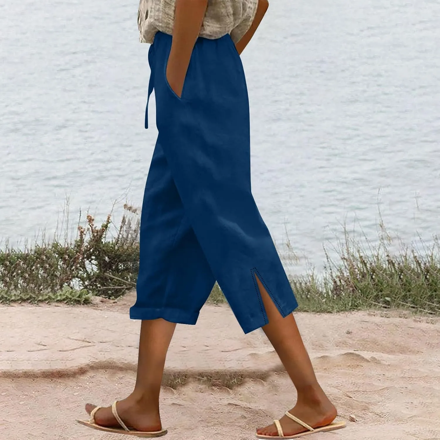 Drawstring Womens Linen Pants with Pockets Cotton Linen Palazzo Trousers for Women Ladies Wide Leg Beach Loose Pants