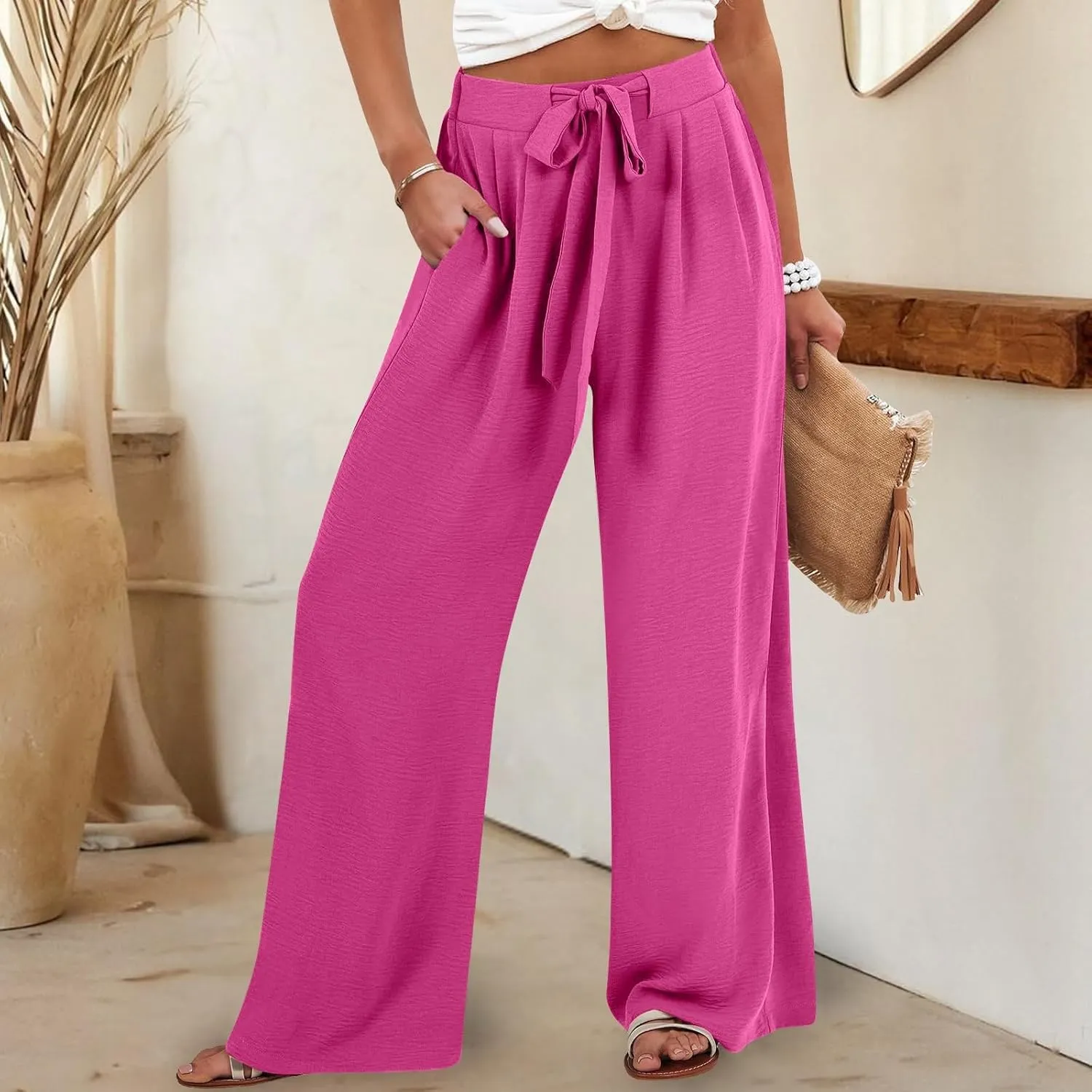 Drawstring Womens Linen Pants with Pockets Cotton Linen Palazzo Trousers for Women Ladies Wide Leg Beach Loose Pants